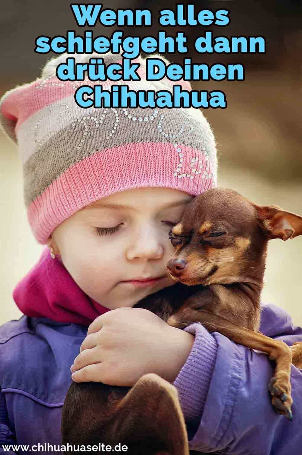 Ein Mädchen umarmt ihren Chihuahua